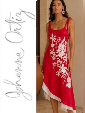 Johanna Ortiz silk embroidered flower and focus red and white dress- size 6